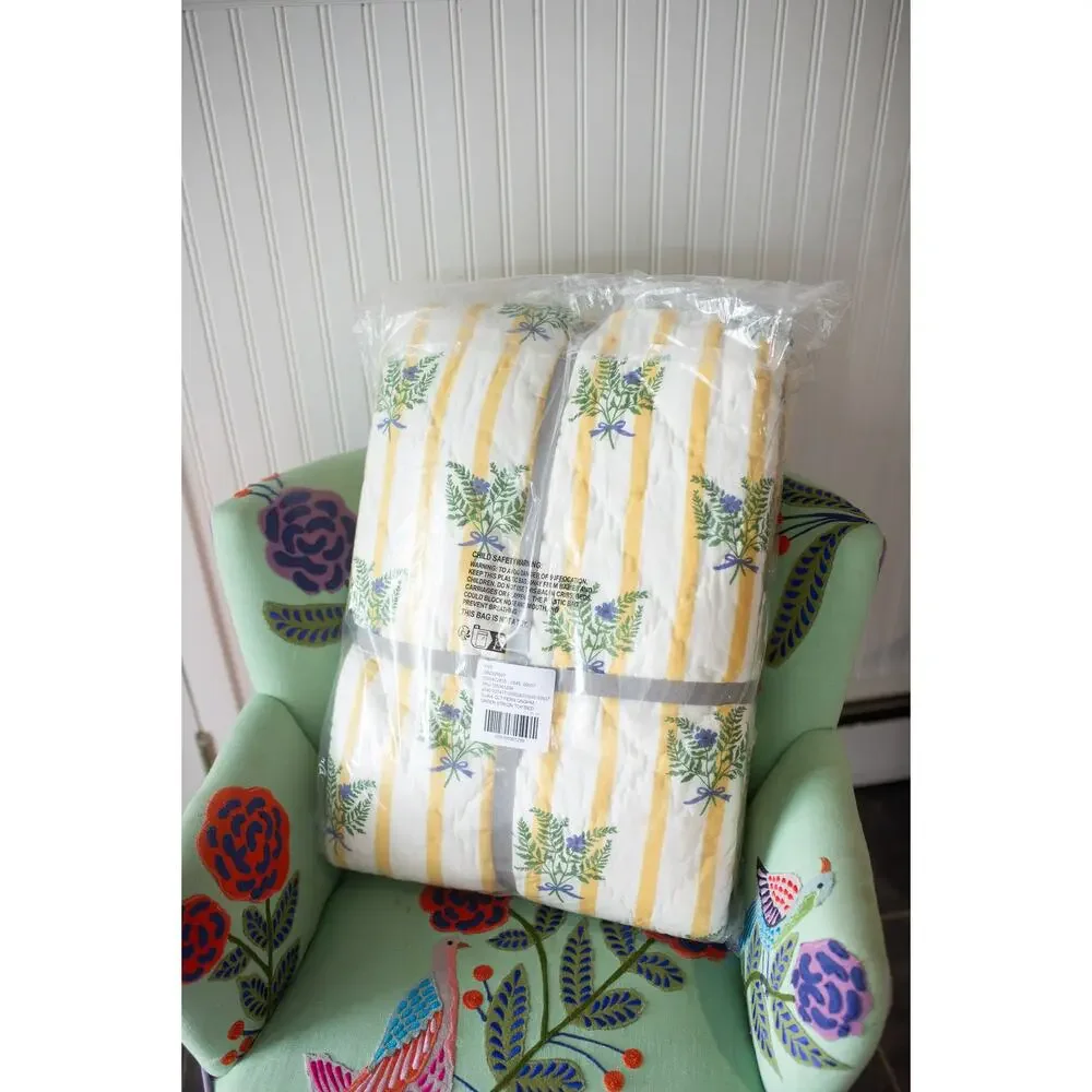 Anthropologie Iluka Cotton Printed Floral Quilt Queen Fern Gingham